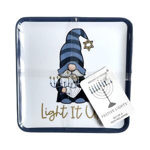 “Light It Up” Festive Lights Gnome Melamine Dessert Appetizer Plates Set 4 NWT